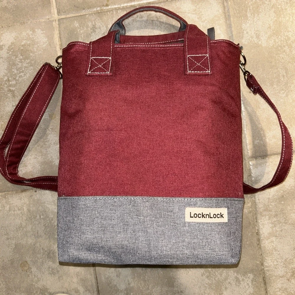 Lock & Lock Insulated Lunch Bag Red & Gray Double Zippered with Shoulder Strap